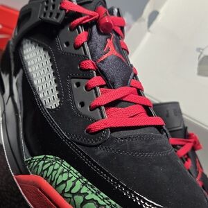 Mens JORDAN SPizike Black and Red Sneakers with Green Accents